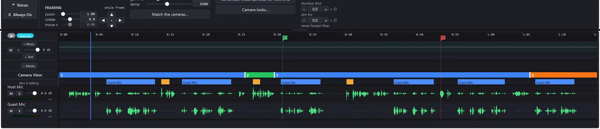 Close-up of the timeline showing the music, text and media rows, the camera view bar, the speaker ribbon and two microphone waveform lanes