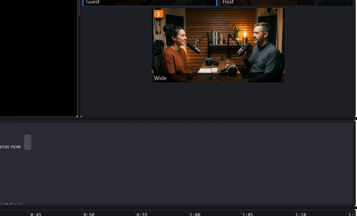 The Voices panel showing microphone count, pause analysis and a transcript with timecodes