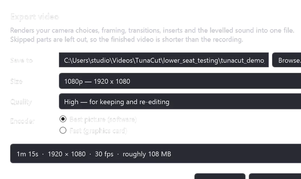 The export dialog: destination, size, quality, encoder and progress