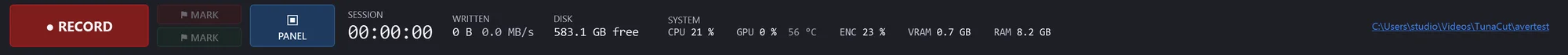 The recorder status bar: record button, marks, session timer, bytes written, free disk, and CPU, GPU, encoder, VRAM and RAM readings