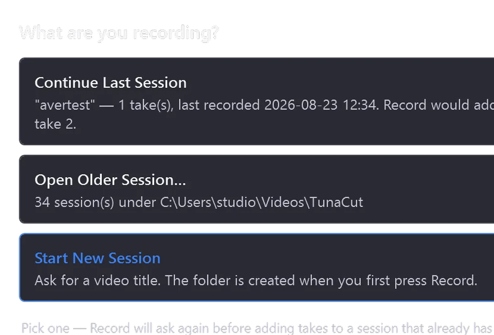The session dialog: continue last session, open an older session, or start a new one